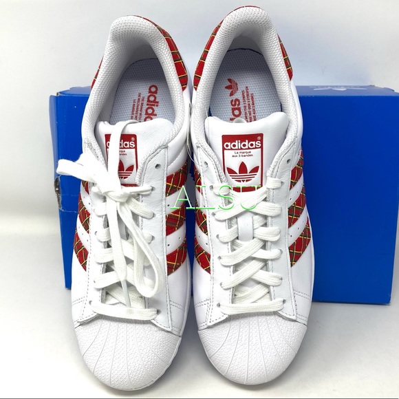 Adidas Superstar Leather White Red Women Sneakers - Picture 6 of 11